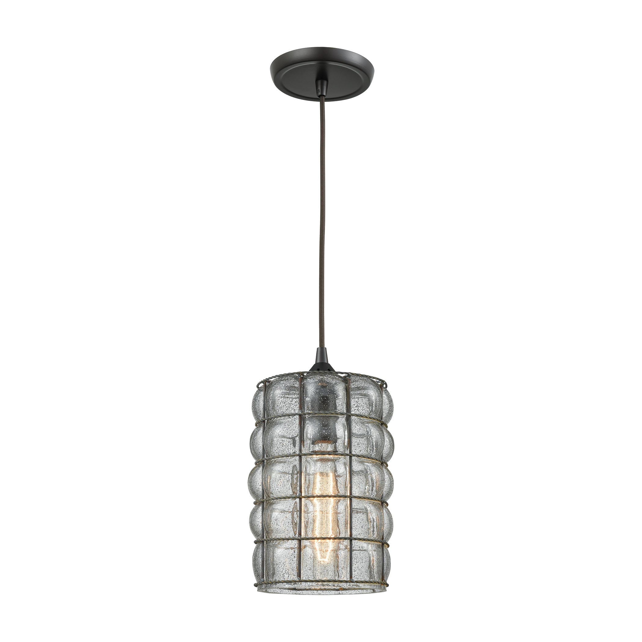 Murieta 7'' Wide 1-Light Mini Pendant - Oiled Bronze with Wire Cage and Speckled Seedy Glass