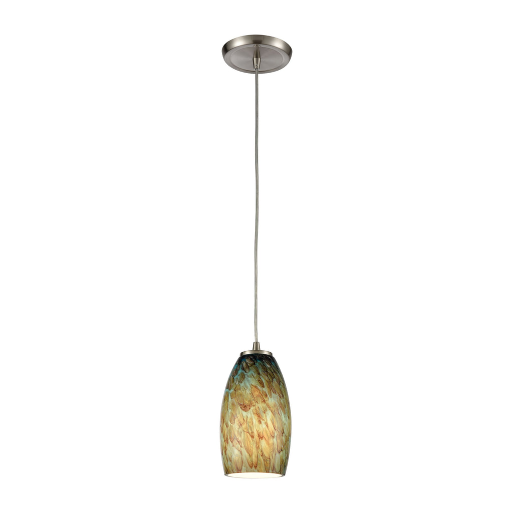 Nature's Collage 5'' Wide 1-Light Mini Pendant - Satin Nickel with Aqua Feathered Glass