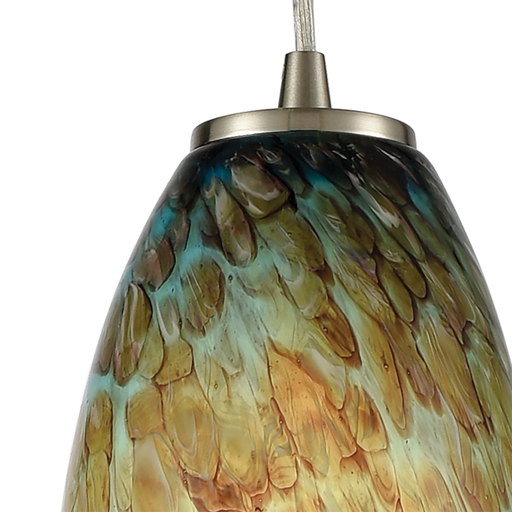Nature's Collage 5'' Wide 1-Light Mini Pendant - Satin Nickel with Aqua Feathered Glass