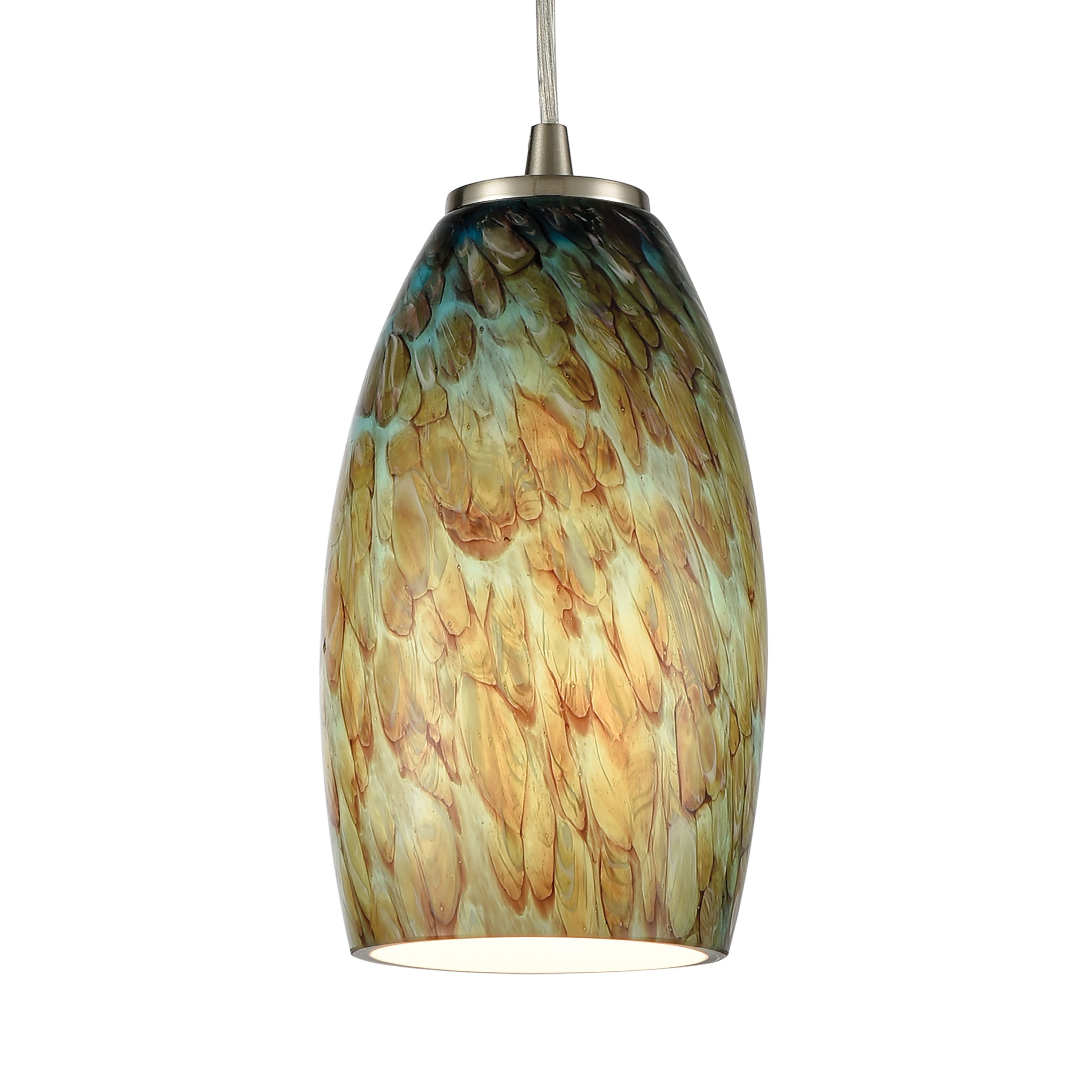 Nature's Collage 5'' Wide 1-Light Mini Pendant - Satin Nickel with Aqua Feathered Glass