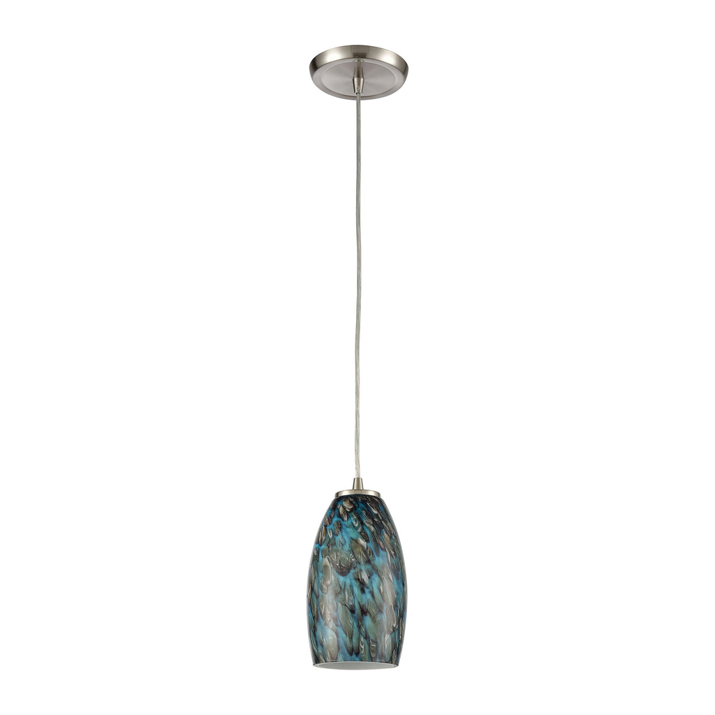 Nature's Collage 5'' Wide 1-Light Mini Pendant - Satin Nickel with Aqua Feathered Glass