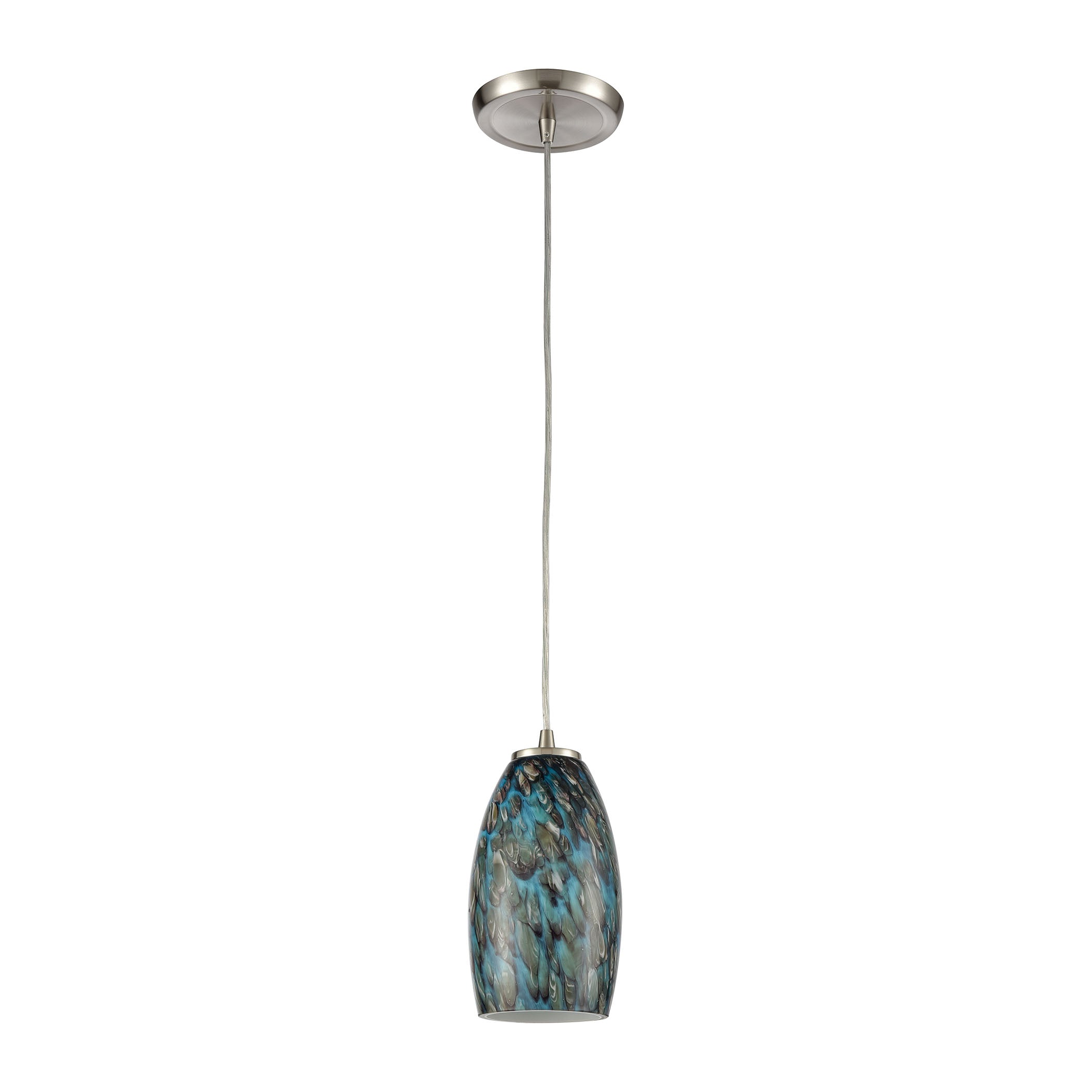 Nature's Collage 5'' Wide 1-Light Mini Pendant - Satin Nickel with Aqua Feathered Glass