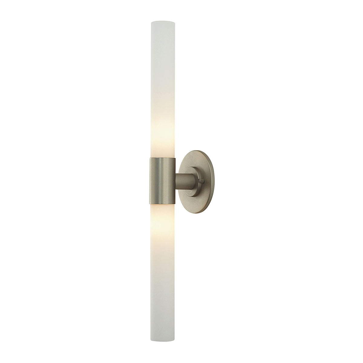 Long Cylinder 2-Light Vanity Lamp - Matte Satin Nickel with White Opal Glass