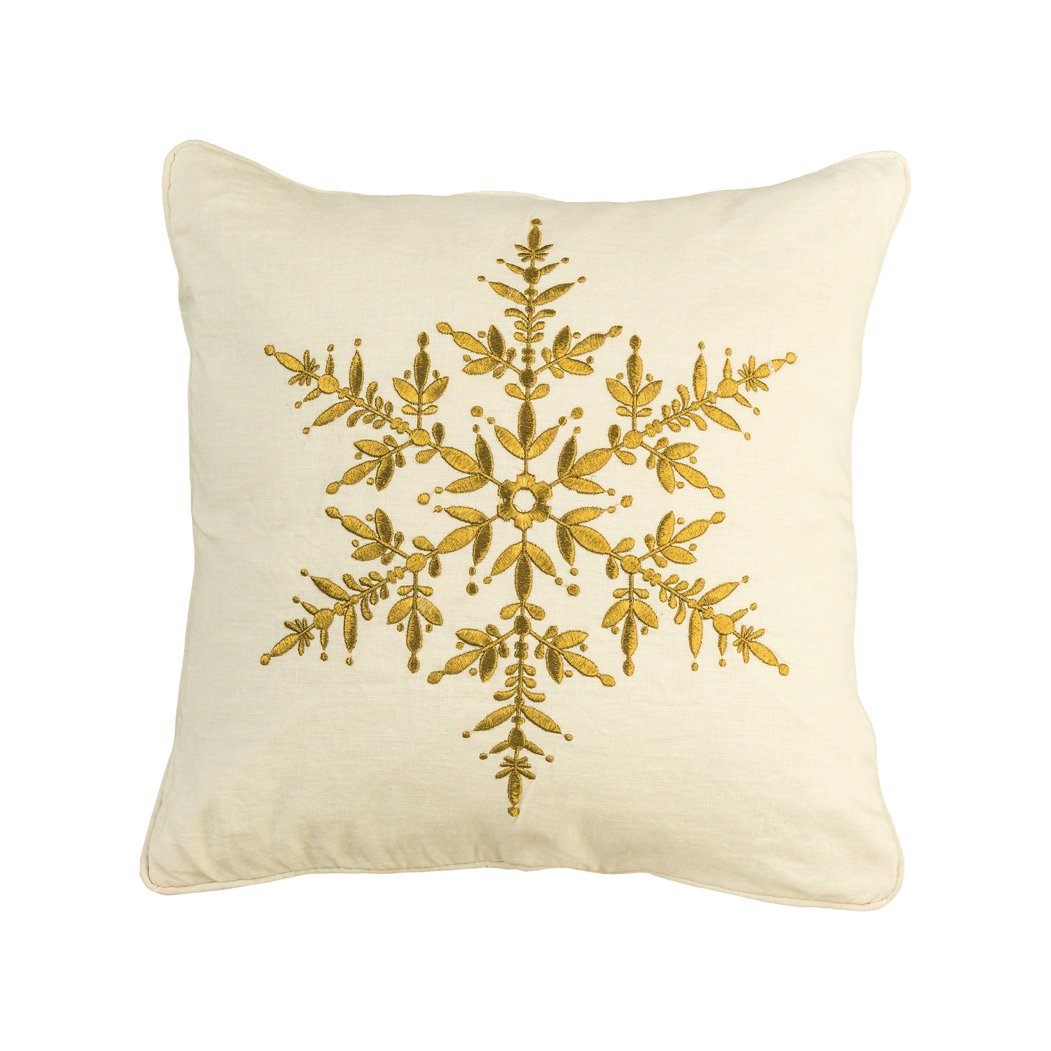 Snowflake 20x20 Pillow in Natural 100% Linen with Gold Embroidery - COVER ONLY